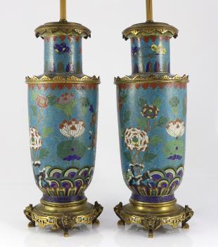 A pair of Chinese cloisonné enamel vases, 19th century with French gilt bronze lamp mounts